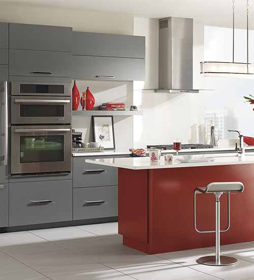 Vail Upper and Lower Cabinets in Battleship Gray with Island in Custom Color